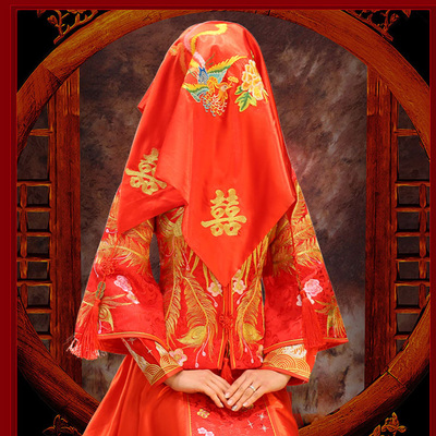 红盖头新娘结婚中式秀禾服盖头配饰刺绣流苏缎面喜帕喜字新娘配件