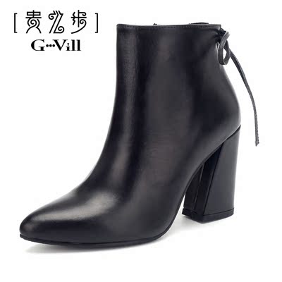 G-vill/贵之步秋冬新款 时尚粗跟 牛皮/反绒面 气质OL短靴46C023