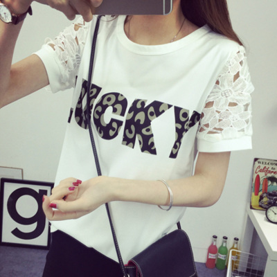 2016夏季时尚新款韩版青春T恤印花字母蕾丝袖圆领宽松短袖女上衣