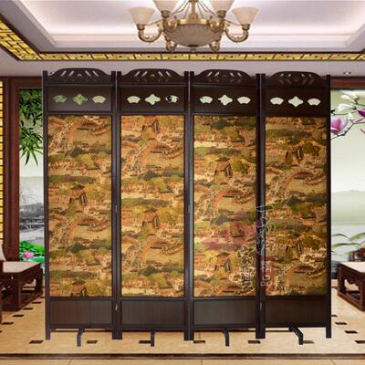现代中式屏风隔断折屏玄关客厅酒店实木复古屏风金色清明上河图