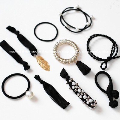 一套包邮 韩国 黑色 皮筋套装组合钉珠珍珠发饰发圈打结组合弹力