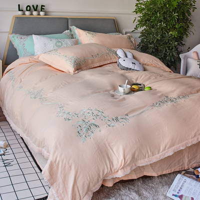 IU美式纯色夏季床上用品全棉四件套刺绣花边简约床上被套棉纱床品