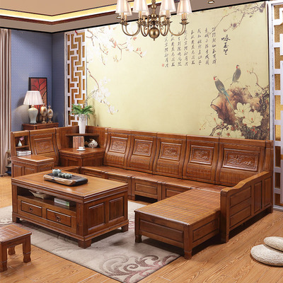 全实木沙发 香樟木沙发客厅简约现代中式家具组合雕花转角储藏