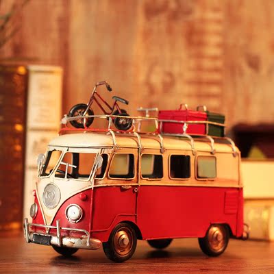 美式乡村复古汽车北欧创意摆件zakka卧室家居装饰品观光巴士模型