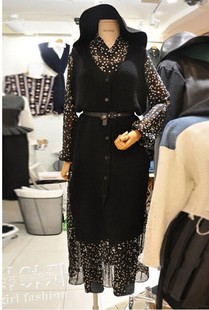 2016秋季新款韩版女装包邮雪纺连衣裙中长款背心毛衣针织衫两件套