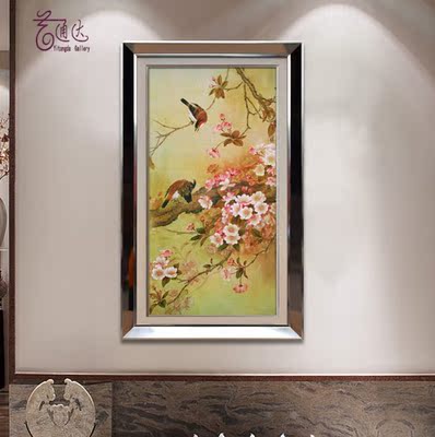 现代中式客厅装饰画手绘新中式花鸟油画工笔餐厅过道壁画植物花卉
