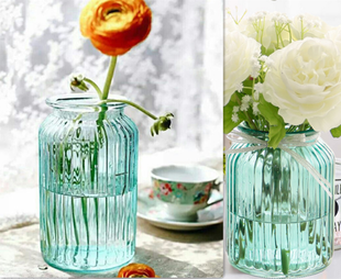 竖纹花瓶玻璃 欧式复古彩色玻璃花瓶家居装饰条纹玻璃插花瓶