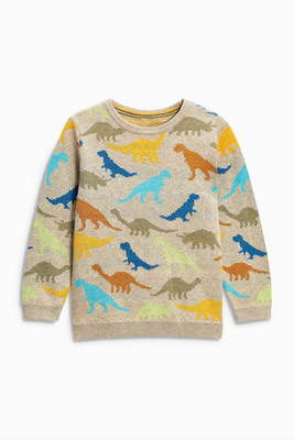 英国Next童装正品代购土黄色小恐龙卡通图案男童针织长袖T恤套衫