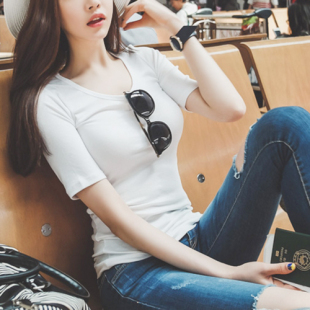 韩版秋季中袖T恤女学生圆领修身五分打底衫纯棉半袖紧身短款体恤