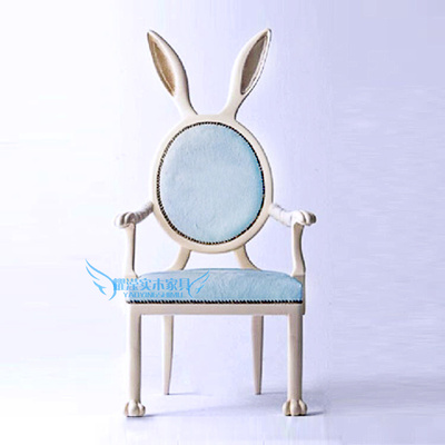 美式乡村实木白色兔子耳朵书椅休闲电脑椅简约现代餐厅餐椅可定制