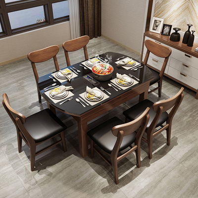 餐桌椅组合现代简约圆形小户型饭桌钢化玻璃北欧实木餐桌伸缩6人4