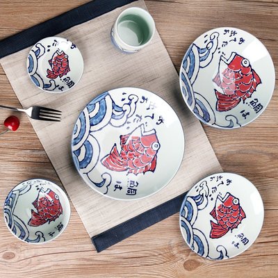日式陶瓷餐具套装手绘米饭碗盘子菜盘平盘碟子水杯子年年有余