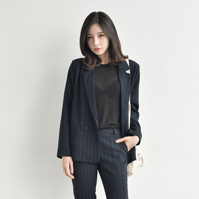 2016韩版竖条纹双排扣休闲显瘦西装套装两件套女潮春秋款西服套装