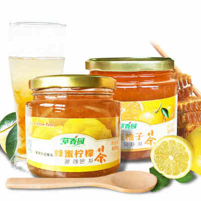 草香园蜂蜜柚子茶与柠檬茶（500g*2）冲饮韩国风味水果茶送木勺
