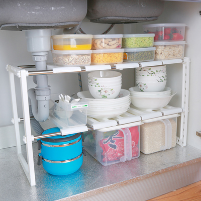 【天天特价】厨房用品置物架橱柜内水槽下伸缩不锈钢双2层放锅架