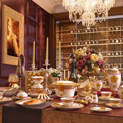 欧式高档骨质陶瓷餐具全套装英式金色花釉中彩58头碗盘勺奢华礼品