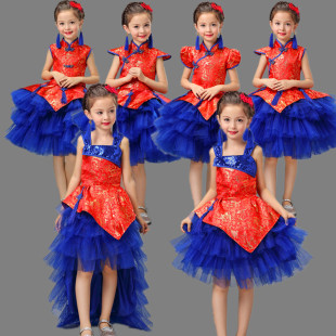 儿童表演服古筝演出服中国风女童公主裙舞蹈裙走秀服装合唱服红色