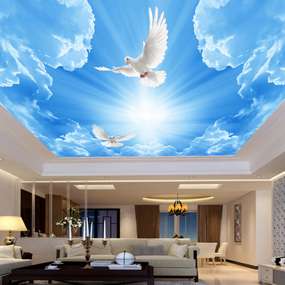 天花板定做墙纸壁画 3D立体蓝天白云 商场教堂客厅定做大型墙纸