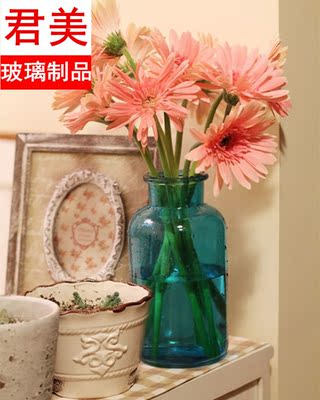 简约风西班牙广口彩色花瓶 透明蓝色 玻璃水培花瓶家居装饰花器