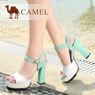 Camel骆驼女鞋 时尚羊皮露趾搭扣防水台超高跟凉鞋 夏季凉鞋女