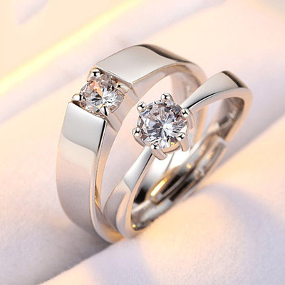 情侣戒指纯银活开口一对仿真钻石结婚对戒一克拉道具镀白金戒指