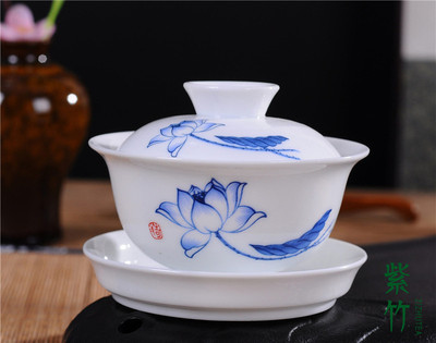 白瓷盖碗陶瓷功夫茶具套装茶杯青花盖碗大码三才碗简易茶具零配件