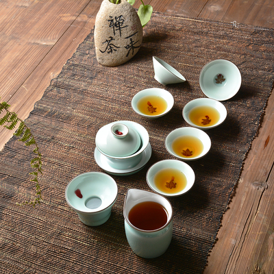 京隆堂 青瓷特价整套功夫茶具手绘茶杯盖碗陶瓷茶器可 LOGO订制