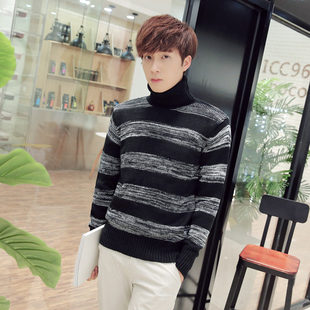 2016新款男士高领毛衣韩版条纹针织衫套头修身学生潮流长袖毛线衣