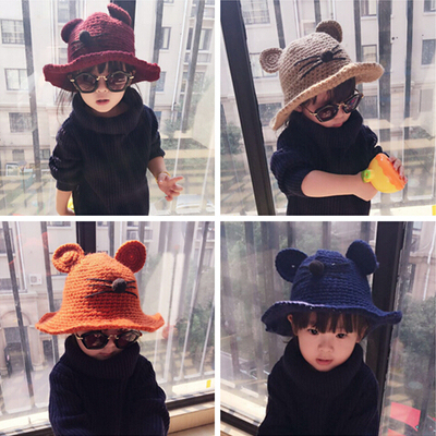 新款秋冬季儿童帽子手工针织渔夫帽毛线帽子男女童小猫咪造型盆帽