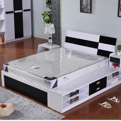 板式床现代简约1.5/1.8米双人床 气动高箱床储物床白色钢琴烤漆床