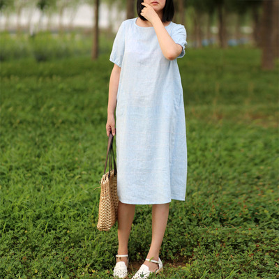 浅蓝色可定制棉麻短袖连衣裙 泡泡袖中长款格子文艺气质显瘦裙子