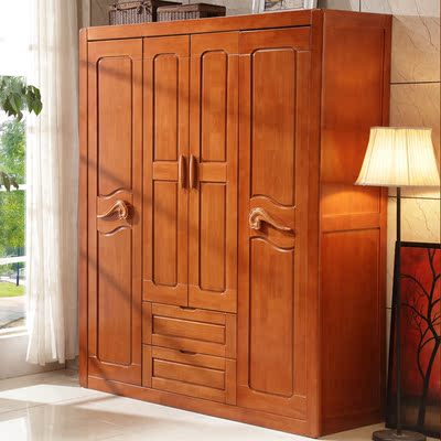 现代中式卧室家具实木衣柜四门整体木质橡胶木衣柜开门大衣橱
