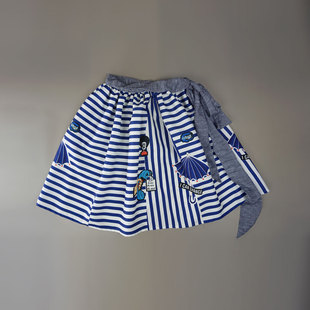 趣味波普17春夏独立设计蓝白条纹拼接腰带系带抽褶裙半身裙