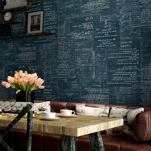 工业壁纸 怀旧 时尚英文字母个性墙纸酒吧咖啡厅报纸深蓝无纺壁纸