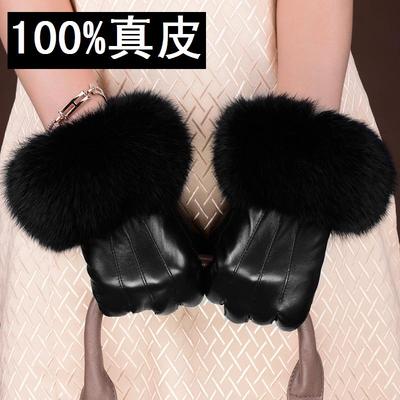 韩版新女士皮手套秋冬季加绒加厚女可爱保暖兔毛口时尚真羊皮手套