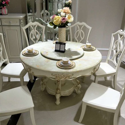 欧式实木圆桌 1.3米大理石餐桌椅实木饭桌法式餐厅田园餐桌椅组合