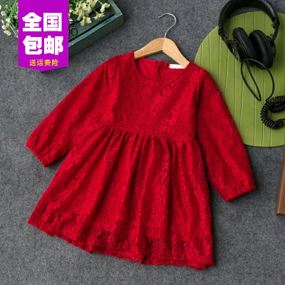 女童长袖连衣裙 2016童装秋装新款红色蕾丝韩版公主连衣裙子