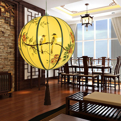 新古典中式手绘球型吊灯餐厅走廊卧室圆形灯笼布艺灯仿古创意灯具