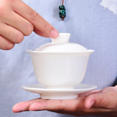 德化白瓷茶具茶碗玉瓷陶瓷三才碗 茶杯盖碗猪油白敬茶碗结婚盖碗