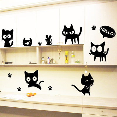 黑色动物可爱猫咪衣柜贴画卧室房间出租房装饰贴纸大学宿舍墙贴图