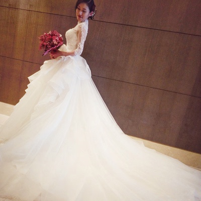 婚纱礼服新娘2016新款韩式婚礼长拖尾中长袖立领镂空大码修身冬季