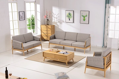 北欧日式水曲柳全实木沙发组合客厅布艺小户二人沙发茶几组合套装