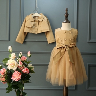 儿童皮衣 韩国童装2016新款秋装韩版风衣连衣裙 女宝皮外套两件套
