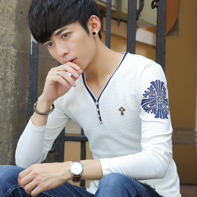 秋季男装v领长袖T恤青少年韩版个性白色秋衣男士修身纯棉上衣服潮