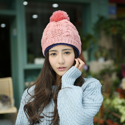 冬季帽子女士韩版可爱潮加绒加厚粗毛线帽秋冬天保暖护耳针织帽
