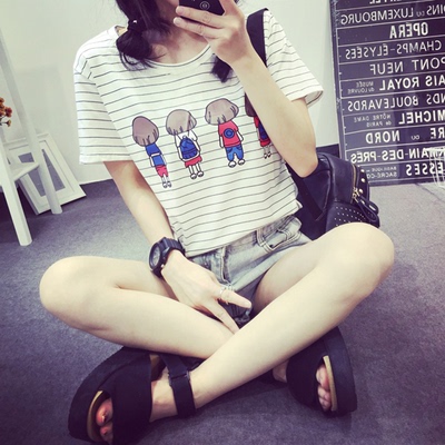 2016夏装新款韩版女装短袖T恤女宽松显瘦大码卡通条纹体恤打底衫
