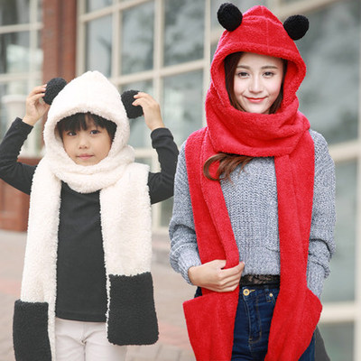 儿童围巾帽子手套一体可爱双层毛绒加厚保暖三件套冬女亲子款韩版