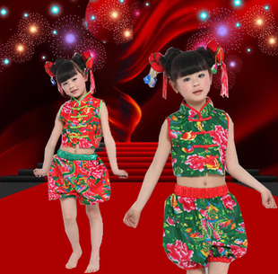新款儿童演出服采蘑菇的小姑娘服装二丫小背篓舞蹈服花布衫秧歌服