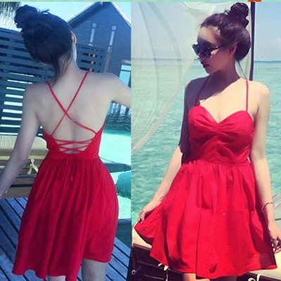 海边度假性感系带大摆露背海滩裙沙滩裙短裙吊带连衣裙短款女泰国