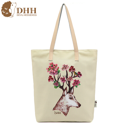 DHH帆布包折叠便携购物袋学生环保袋简约创意印花女包大号单肩包